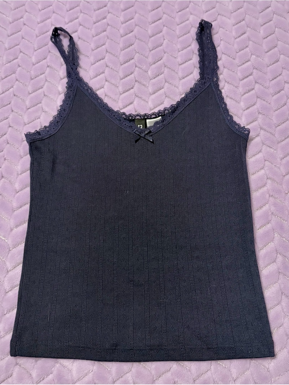 Divided Navy Lace-Trim Ribbed Tank